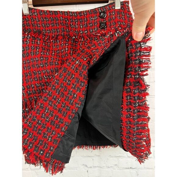 CARLISLE wool blend red black white check wrap fringe straight pencil skirt 2 - Picture 3 of 7